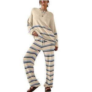 Women’s Pajamas PJs 2 Piece Set L Loungewear Wide Leg Striped Knit Ivory Loose